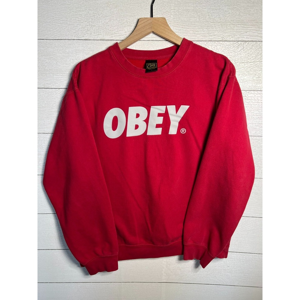 Obey Clothing Mens Large Red Spellout Logo Crewneck Sweatshirt Streetwear L
